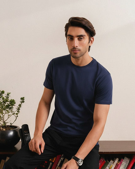 Basic Navy Blue Regular Fit T-Shirt For Men